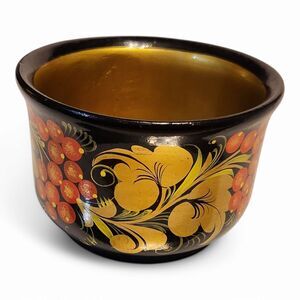Vintage Russian Khokhloma Lacquer Hand-Painted Wood Bowl, 4 3/8 Inch